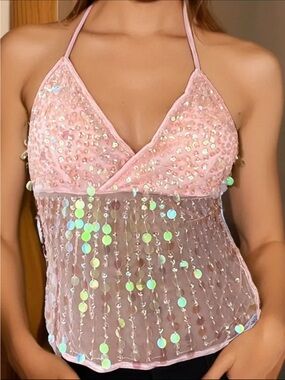 Sequin Mesh Cami Tank Top - Pink